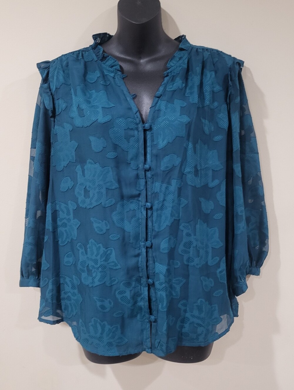 LC Lauren Conrad Teal Floral Burnout Sheer Button-Front Blouse
